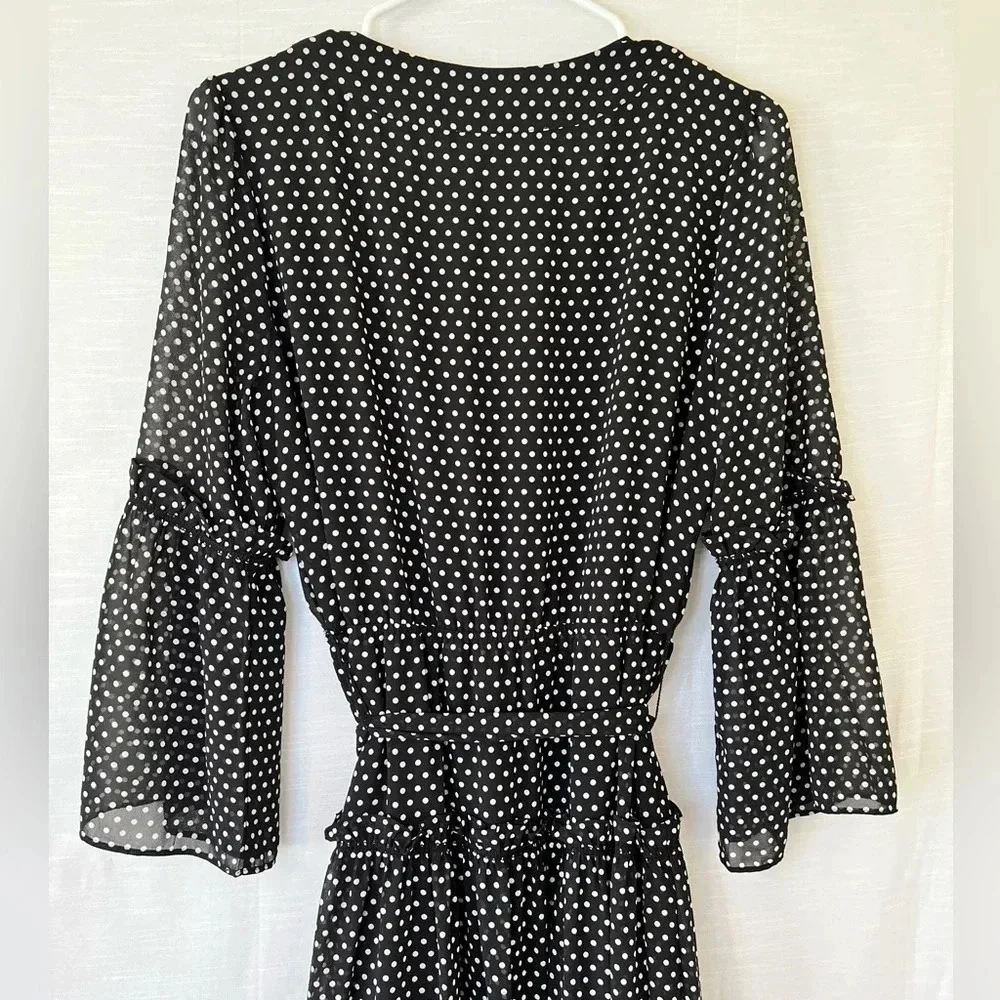 MICHAEL KORS Tiered Polka Dot Chiffon MIDI Dress Black - Picture 7 of 9